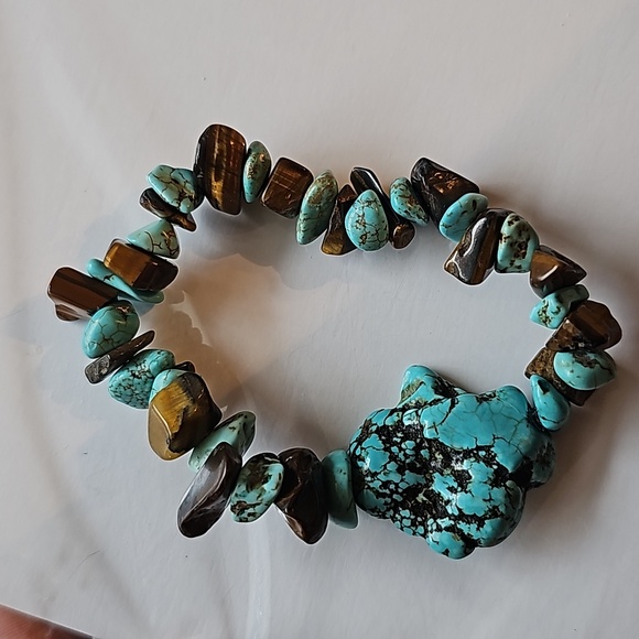 Vintage Turquoise Bracelet Blue brown nugget teardrop Sea Beach Ocean Ankle - Picture 11 of 11